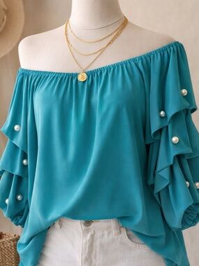Teal Off Shoulder Ruffle Pearl Sleeve Blouse Boho Stretch Top L